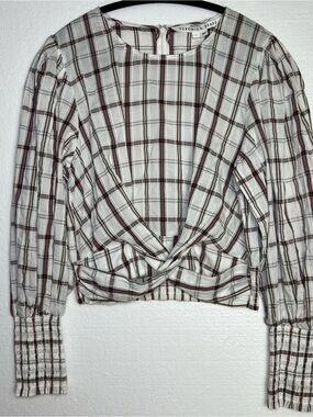 Veronica Beard Nyla Top Size 8 in White/Multicolor Check Plaid Cotton Blend